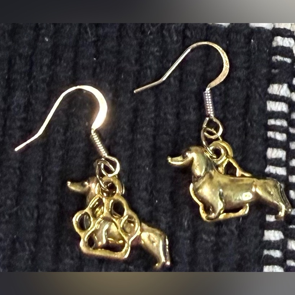 Gold Toned Dachshund and Paw Print Earrings